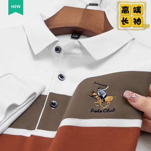 彩条纹长袖polo衫男士拼色t恤翻领中老年人父亲衣服秋装上衣a