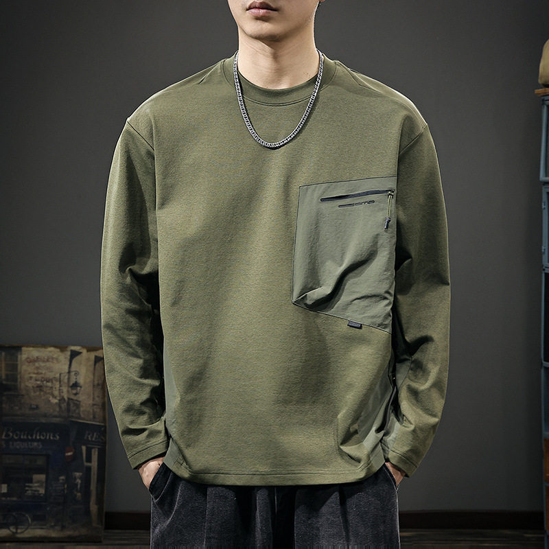 2025新款秋季户外吸湿速干长袖t恤男美式复古拼色宽松大口袋卫衣