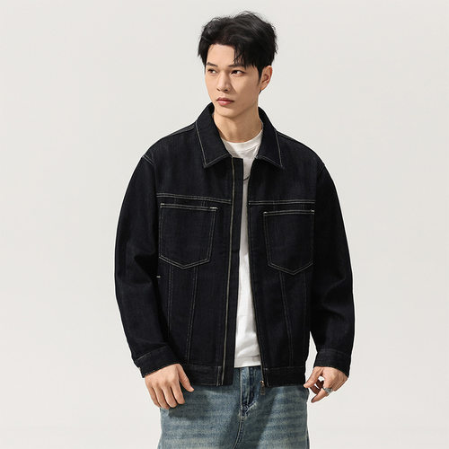 美式复古翻领工装牛仔夹克男2026春季新款明线拼接拉链外套潮