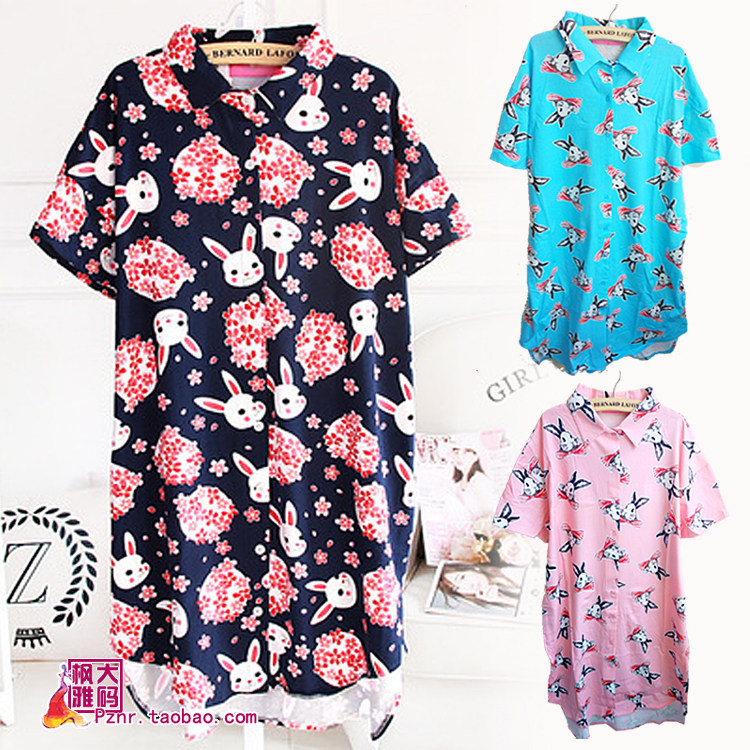 夏特大码加肥短袖开衫睡裙纯棉长款睡衣女家居服200斤小兔子胖MM