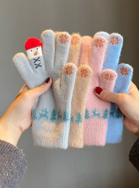 可爱雪人冬季毛线手套可触屏针织加绒保暖骑行手套学生做作业手套