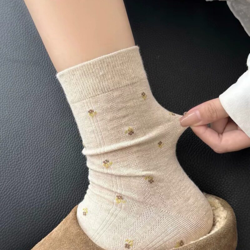 米色袜子女中筒袜夏季薄款纯棉日系复古碎花长袜勃肯鞋堆堆袜春秋