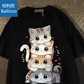 日系四只猫咪宽松印花半袖 休闲短袖 薄款 新款 潮流ins 半袖 t恤男夏季