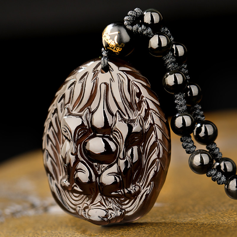 易明居魅影双狐吊坠冰种黑曜石双狐催缘水晶狐狸诚缘黑狐九尾狐仙