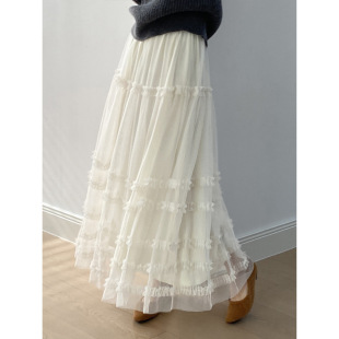 百搭休闲加厚长裙G8809 冬季 言双 温柔风木耳边网纱半身裙加绒