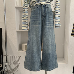 浅蓝色水洗牛仔裤 新款 小个子高腰直筒阔腿九分裤 6336 春季