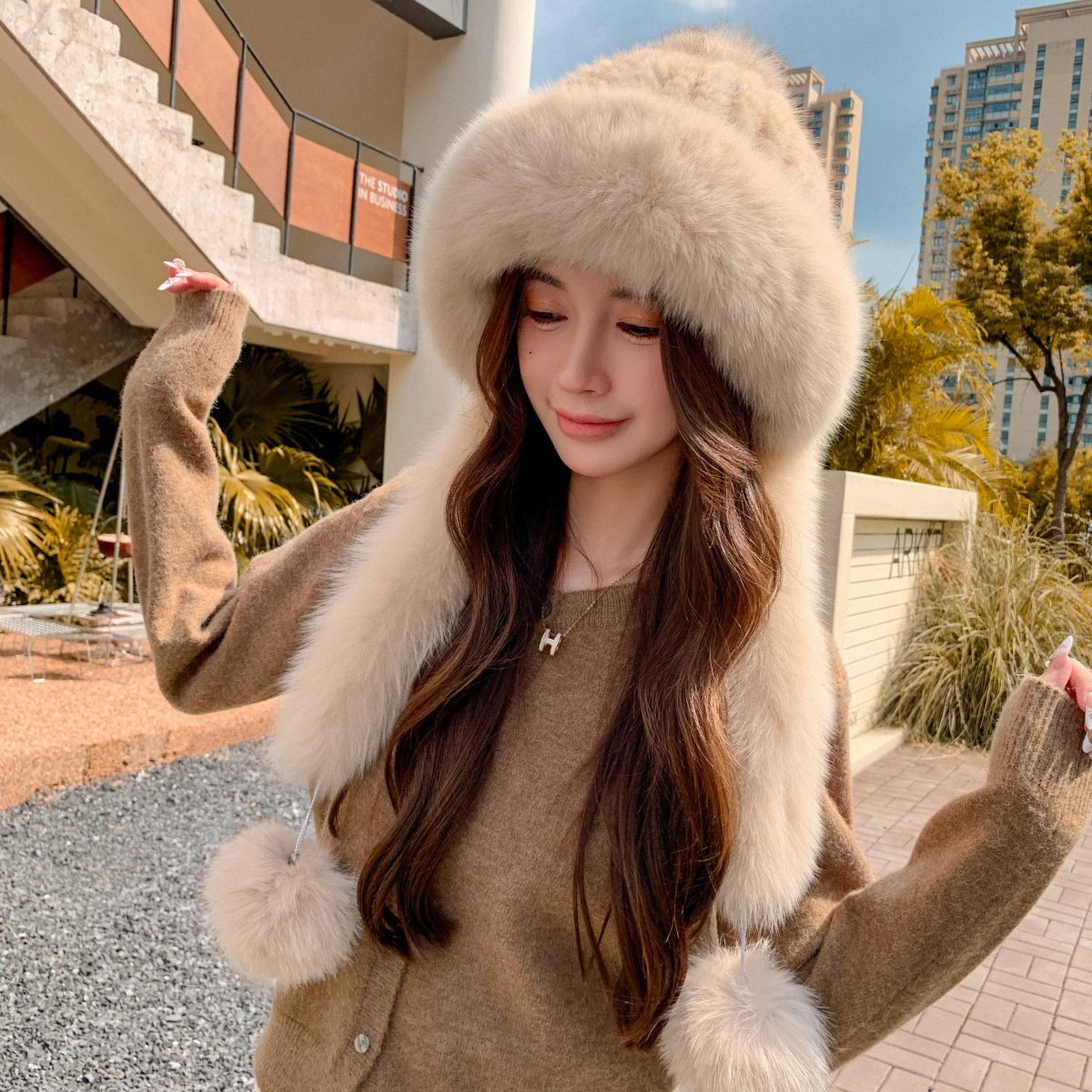 韩版新款水貂毛时尚编织皮草帽子狐狸毛长流苏球球保暖护耳冬帽女