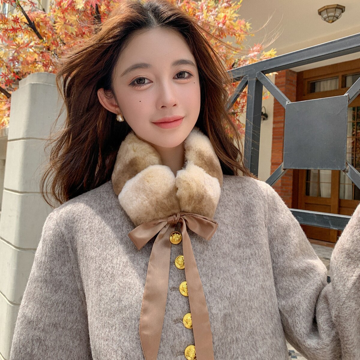 新款獭兔毛围脖丝带女蝴蝶结韩版冬季保暖百搭时尚围巾柔软渐变