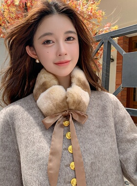 獭兔毛围脖丝带女蝴蝶结柔软渐变