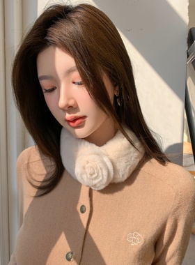 新品秋冬山茶花獭兔毛围巾小版磁扣皮草围脖真毛毛保暖双面毛脖套