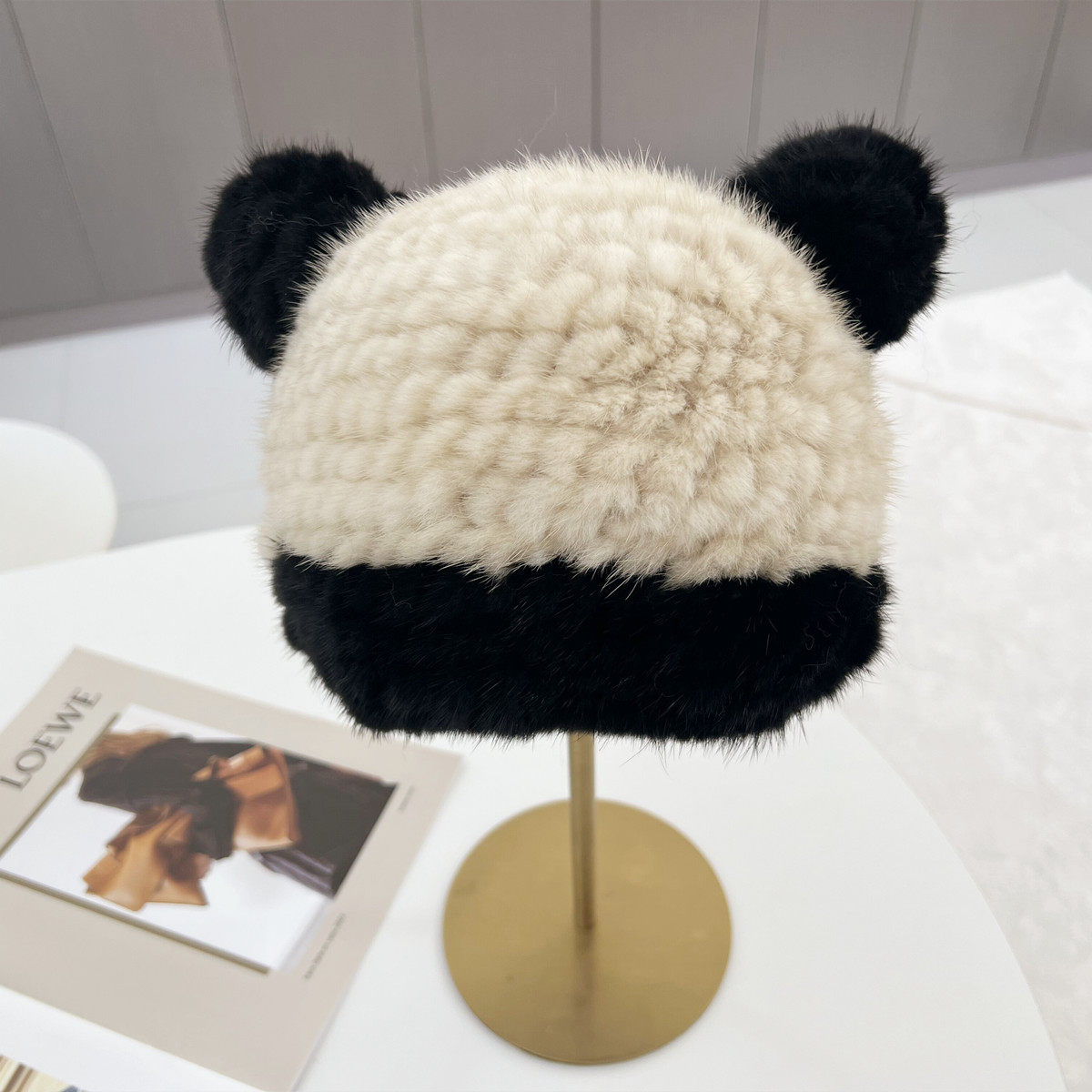 新款韩版减龄水貂编织皮草帽子冬季女可爱熊猫拼色耳朵保暖女帽球