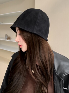 绵羊皮渔夫帽真皮女帽盆帽