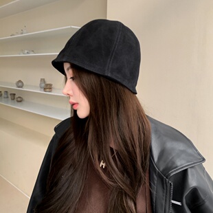 韩国品质小羊皮帽子女秋冬保暖绵羊皮渔夫帽真皮女帽盆帽礼帽气质