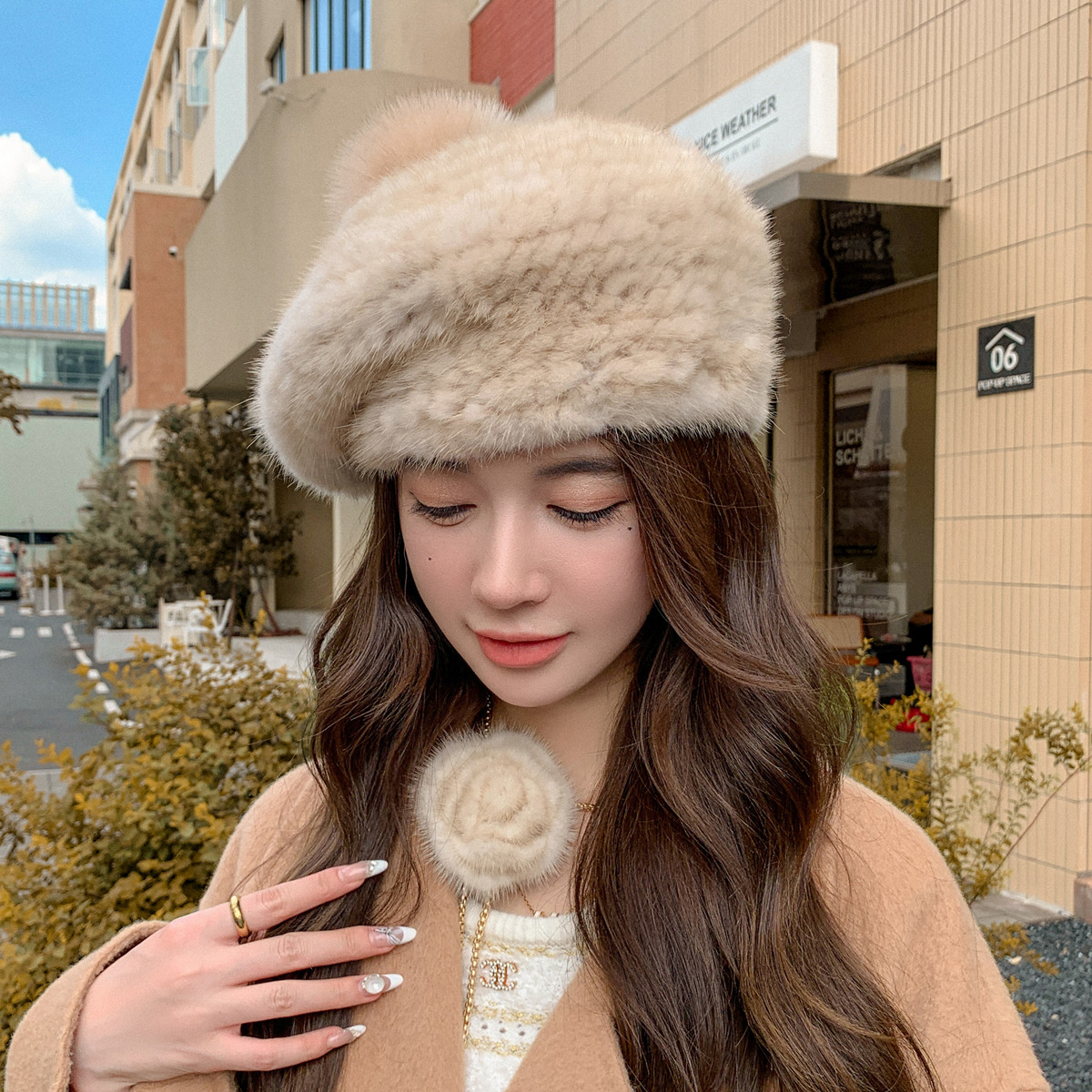 水貂贝雷帽女士秋冬休闲百搭狐狸毛球球时尚编织皮草帽子蓓蕾帽