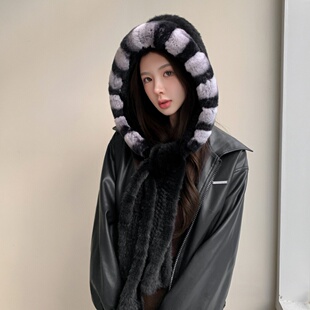 新水貂编织风雪帽 冬季保暖围巾帽子一体皮草帽 男女户外裘皮帽子