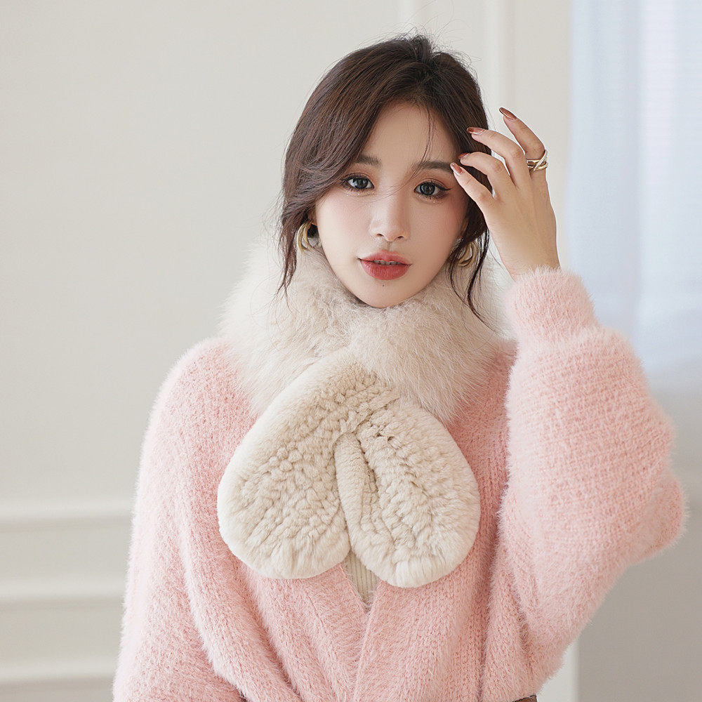 新款獭兔毛编织短款气质围脖 狐狸毛皮草围巾 女冬季韩版纯色毛领