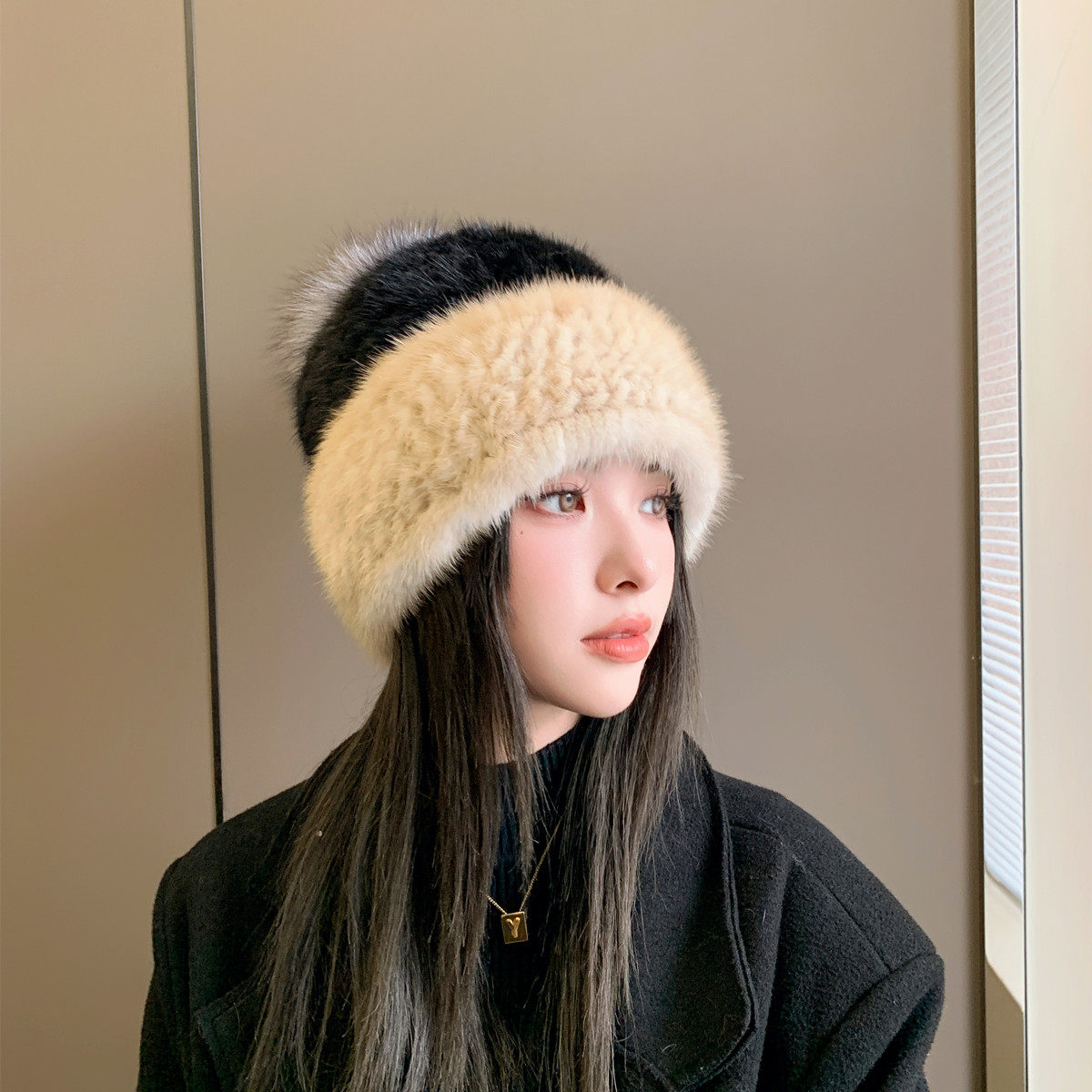 貂毛帽子女冬天保暖护耳韩版潮拼色百搭秋冬皮草貂绒水貂冬季女帽