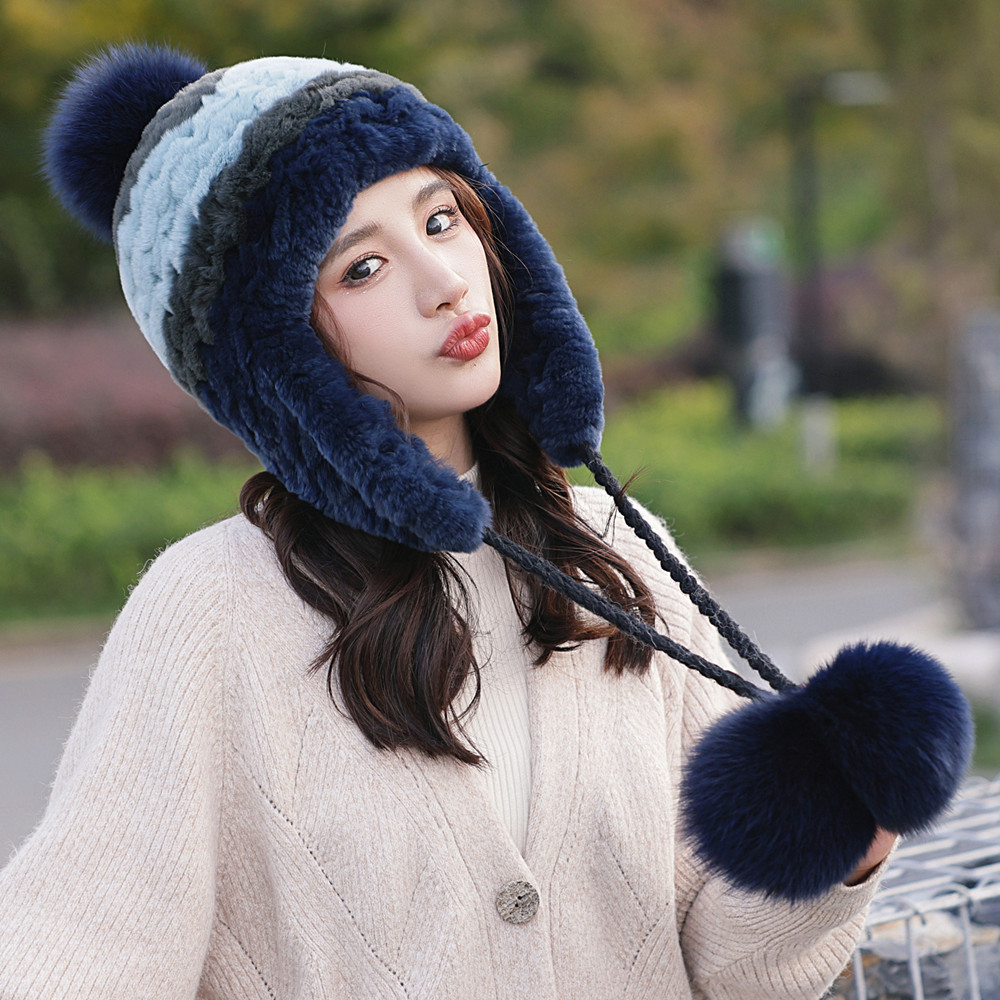 冬季新款獭兔毛拼色护耳帽 狐狸毛球可爱蓝色皮草帽子加厚保暖女