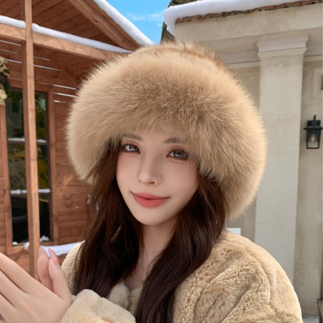 思以沫紫貂毛渔夫帽一圈狐狸毛