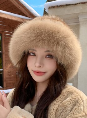 思以沫紫貂毛渔夫帽一圈狐狸毛