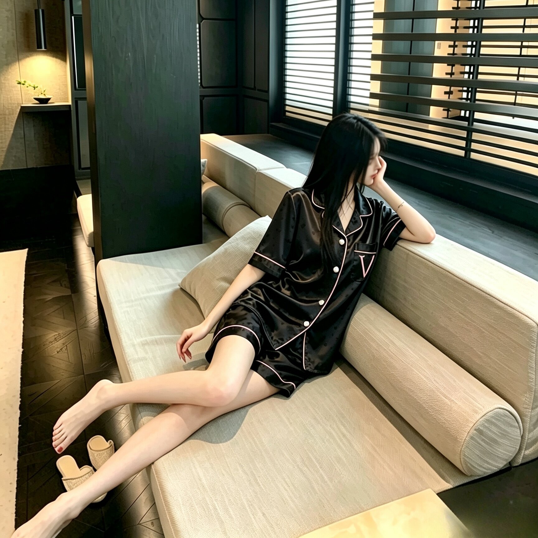 斯服玛爱心睡衣女款夏季冰丝绸短袖短裤高级感可外穿家居服两件套