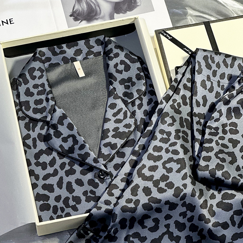 斯服玛情侣豹纹睡衣女春秋冰丝长袖高级感轻奢男士家居服礼盒套装