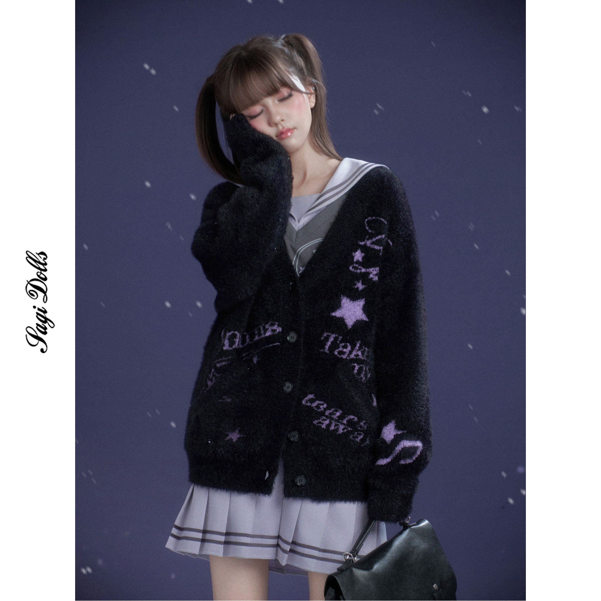 SagiDolls少女斗志#心电作词家#黑紫甜酷V领涂鸦毛衣开衫音乐节冬 - 实物图