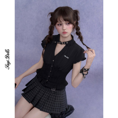 SagiDolls少女斗志甜酷暗黑肌理choker衬衫V领上衣显瘦修身掐腰夏