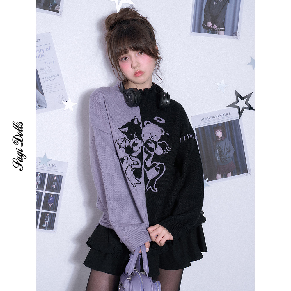 SagiDolls少女斗志 俏皮天使恶魔小熊甜酷黑紫拼接毛衣宽松百搭冬