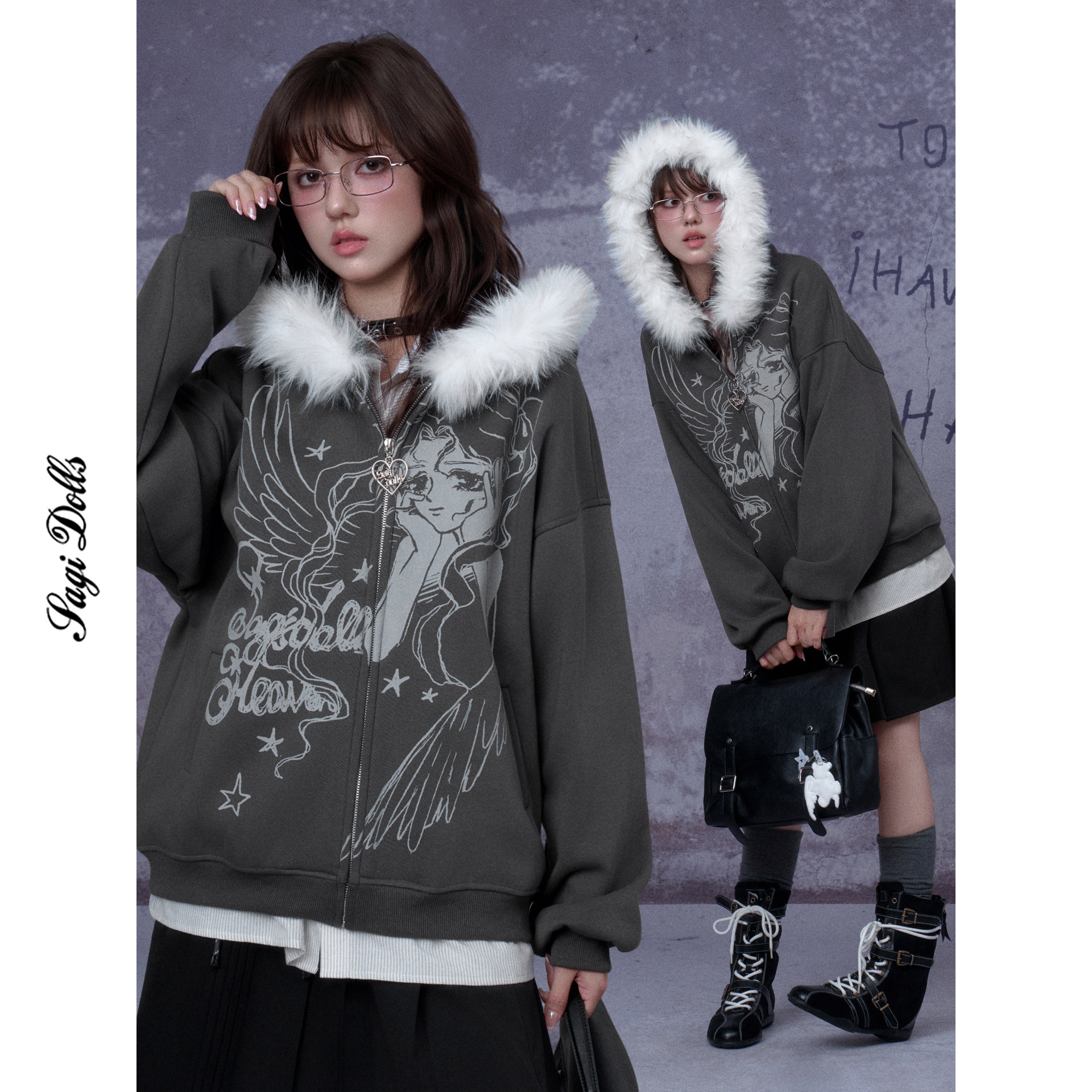 SagiDolls少女斗志 #天使失乐园#漫画印花加绒卫衣外套脸帽宽松秋,女装/女士精品,卫衣/绒衫,淘宝优惠券,粉丝福利购,淘宝优惠卷