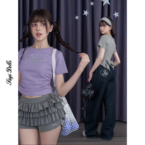 少女斗志后背蝴蝶结灰紫修身T恤
