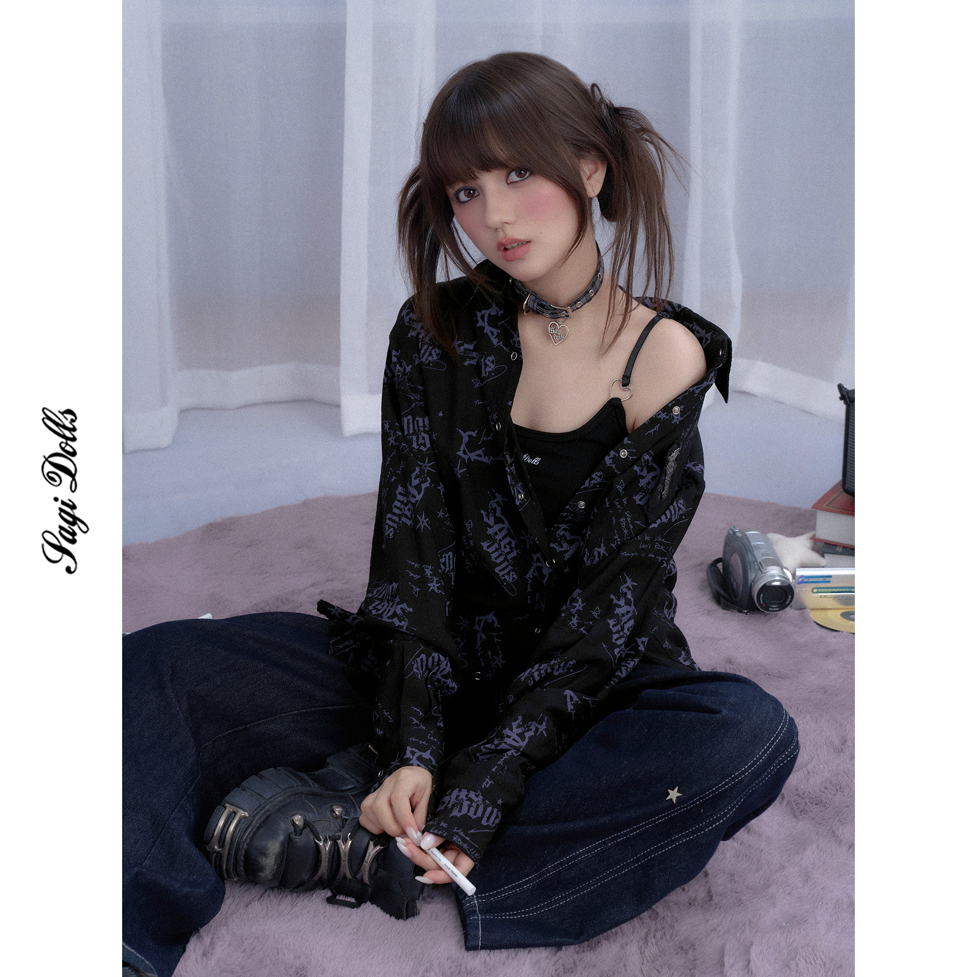 SagiDolls少女斗志 #电音风暴#音乐节黑紫印花衬衫宽松百搭防晒夏