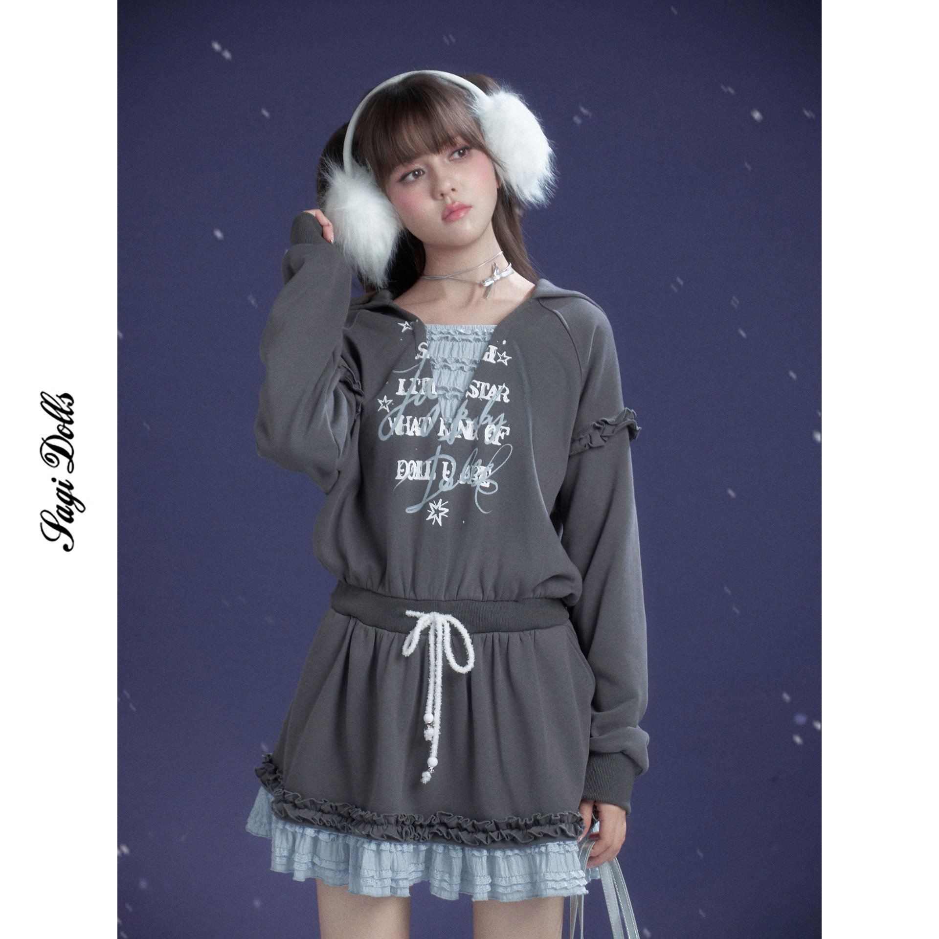 SagiDolls少女斗志 #冬夜湖泊#甜美灰蓝印花带帽卫衣连衣裙宽松冬,女装/女士精品,连衣裙,淘宝优惠券,粉丝福利购,淘宝优惠卷