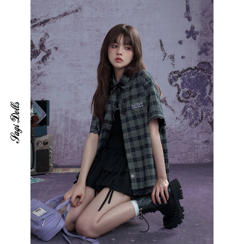 少女斗志暗黑甜酷绿格蝴蝶结衬衫