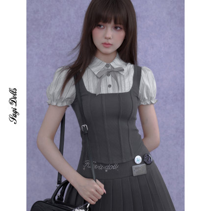 SagiDolls少女斗志经典版型!甜美学院风假鱼骨泡泡袖假两件小上衣