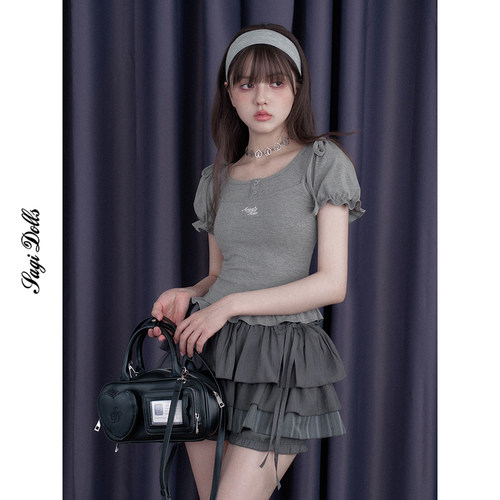 少女斗志灰色甜美假两件T恤上衣
