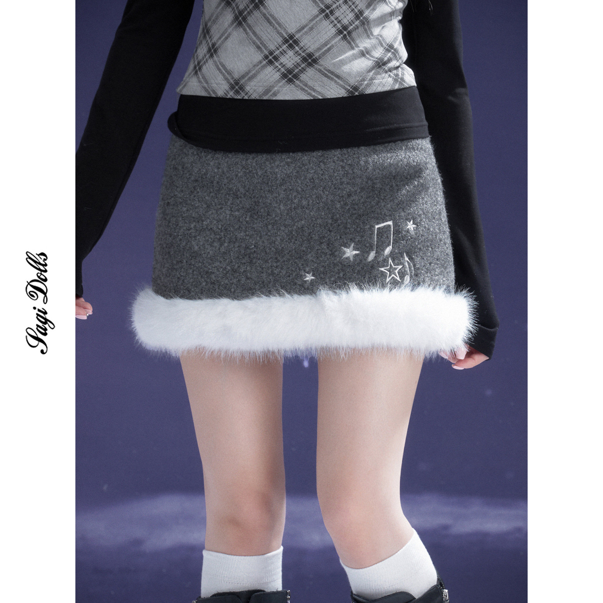 SagiDolls少女斗志 #初雪邂逅#灰色音符雪融毛条呢子短裙纯欲甜美,女装/女士精品,半身裙,淘宝优惠券,粉丝福利购,淘宝优惠卷