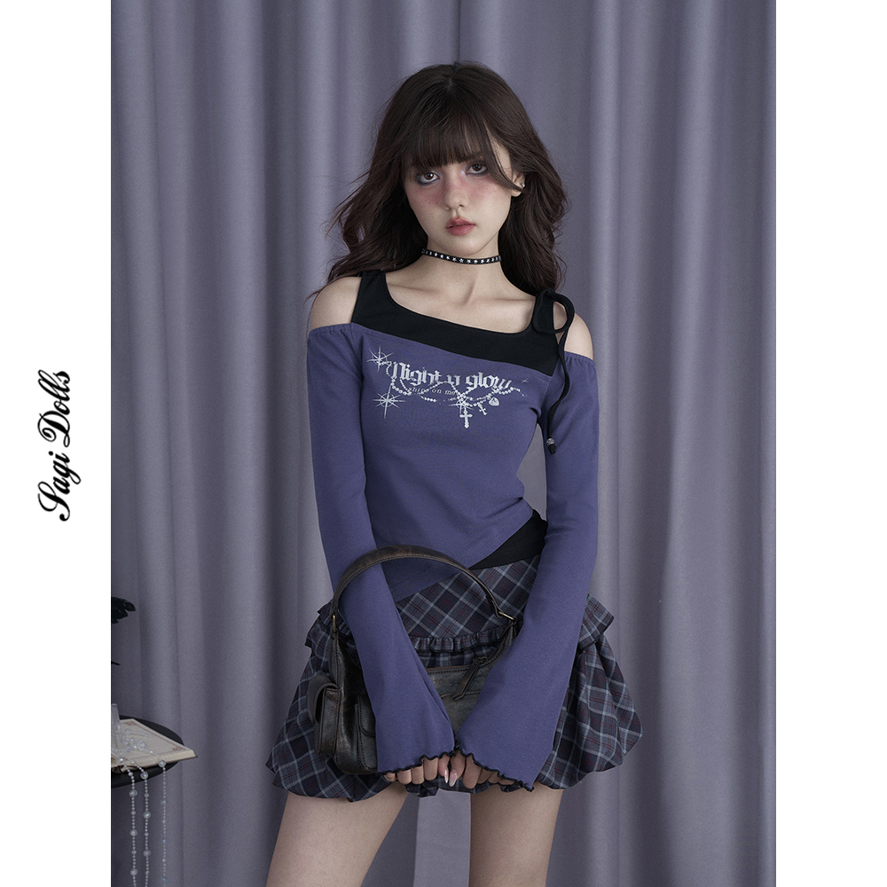 SagiDolls少女斗志黑紫纯欲假两件露肩长袖T恤甜辣修身显瘦百搭冬