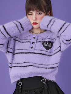 SagiDolls少女斗志 甜酷条纹仿貂毛针织毛衣polo上衣百搭休闲减龄