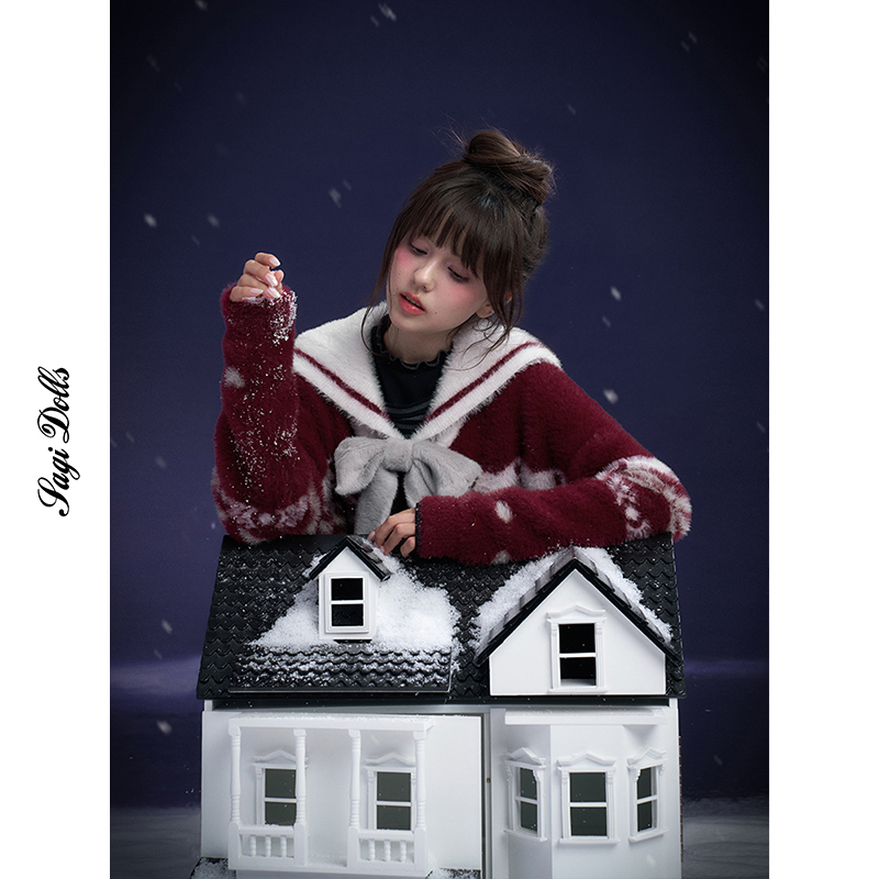 SagiDolls少女斗志 #2025圣诞#红白水手领仿貂毛费尔岛毛衣外套冬