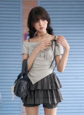 SagiDolls少女斗志 灰色一字肩绑带天使印花不规则上衣浪漫纯欲夏