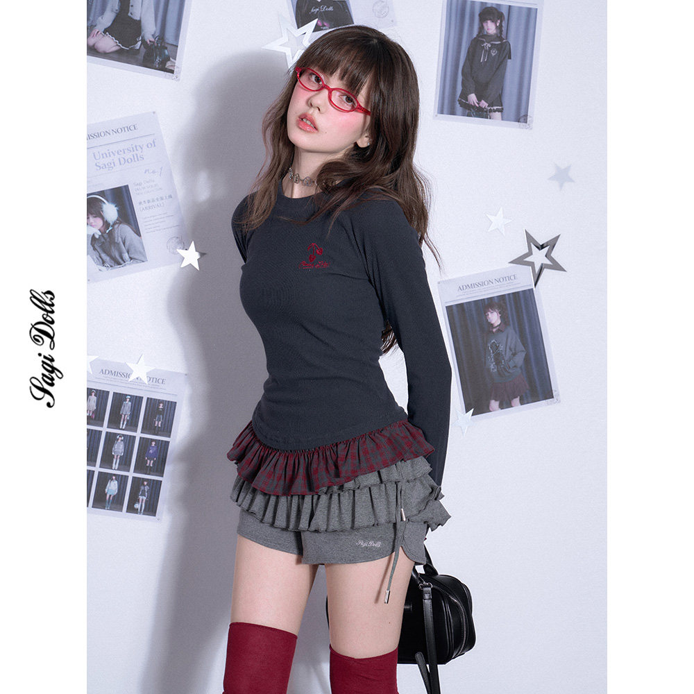 SagiDolls少女斗志*2025情人节特别款*爆辣御姐红格拼接修身T恤春,女装/女士精品,T恤,淘宝优惠券,粉丝福利购,淘宝优惠卷