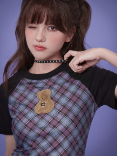 SagiDolls少女斗志显白蓝紫格毛绒小熊插肩短袖 显瘦百搭夏 T恤修身