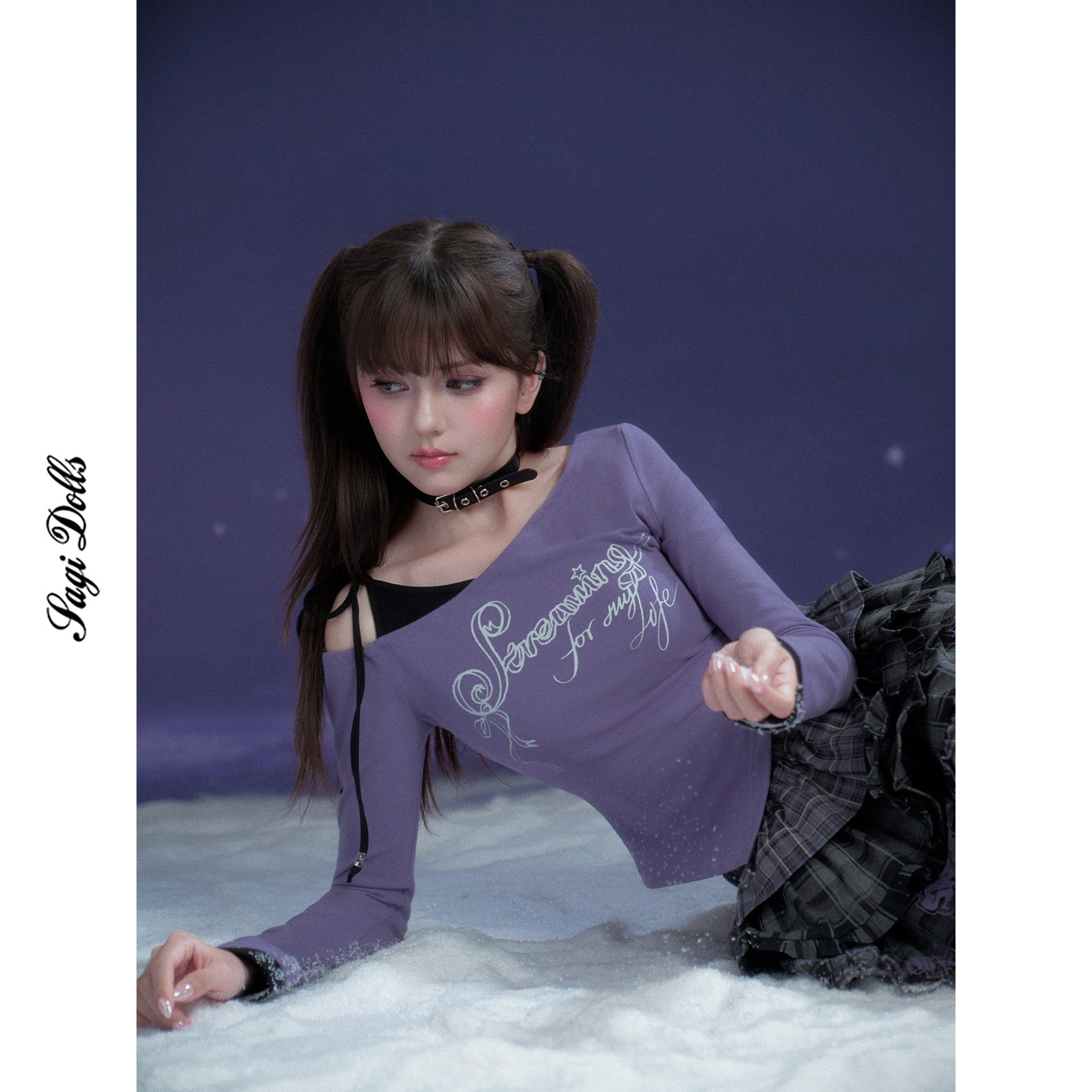 SagiDolls少女斗志#乌梅子酱#紫黑印花假两件T恤甜酷辣妹显瘦上衣