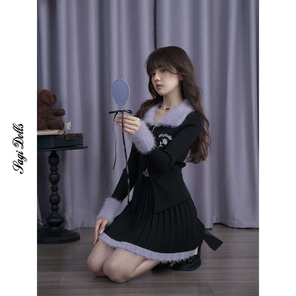 SagiDolls少女斗志 #冬季恋歌#甜辣时髦黑紫纯欲针织开衫短裙修身