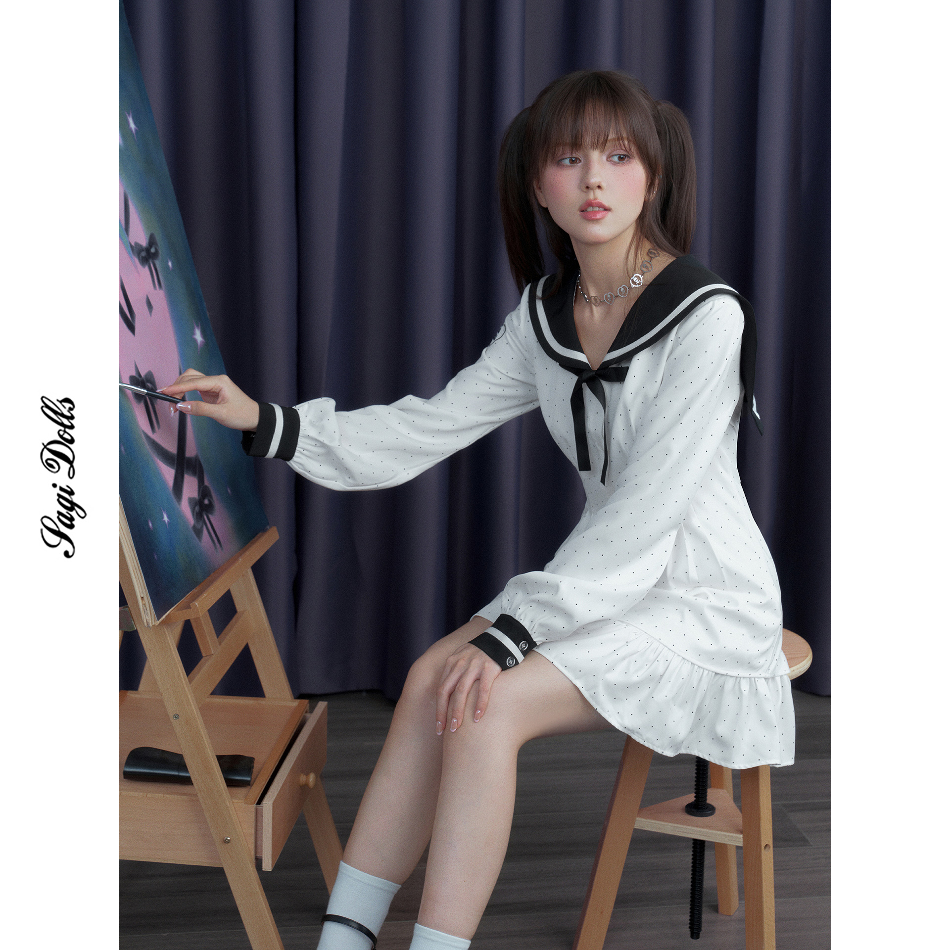 SagiDolls少女斗志 巨显瘦!MIU系学院黑白波点水手领连衣裙张元英