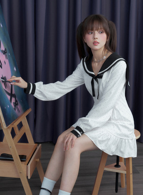 SagiDolls少女斗志 巨显瘦!MIU系学院黑白波点水手领连衣裙张元英