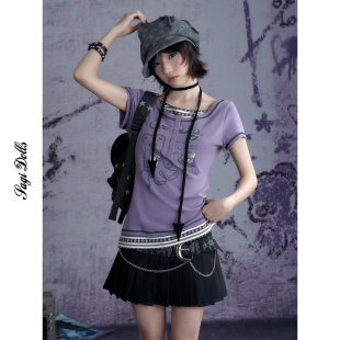 SagiDolls少女斗志甜酷紫色小熊印花假两件T恤恶魔尾巴围脖两件套