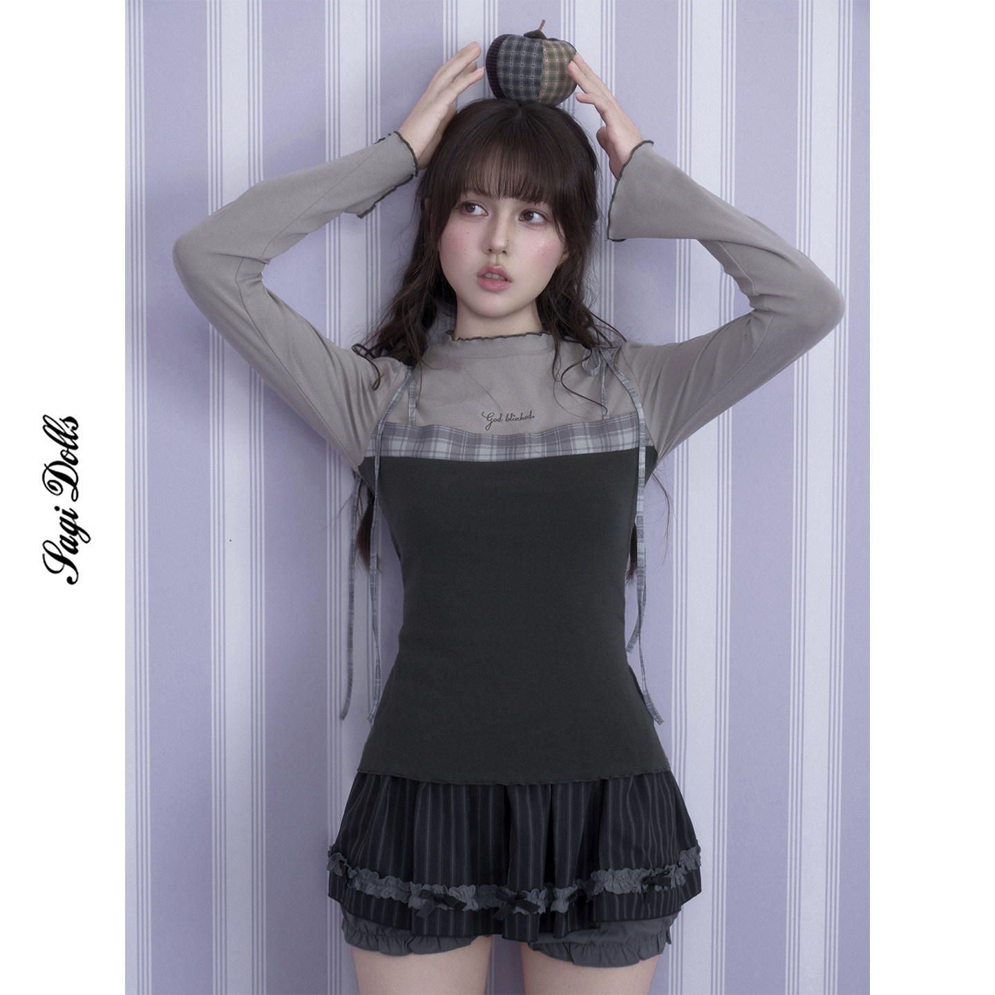 SagiDolls少女斗志 纯欲甜美灰格假两件吊带拼接上衣修身显瘦百搭