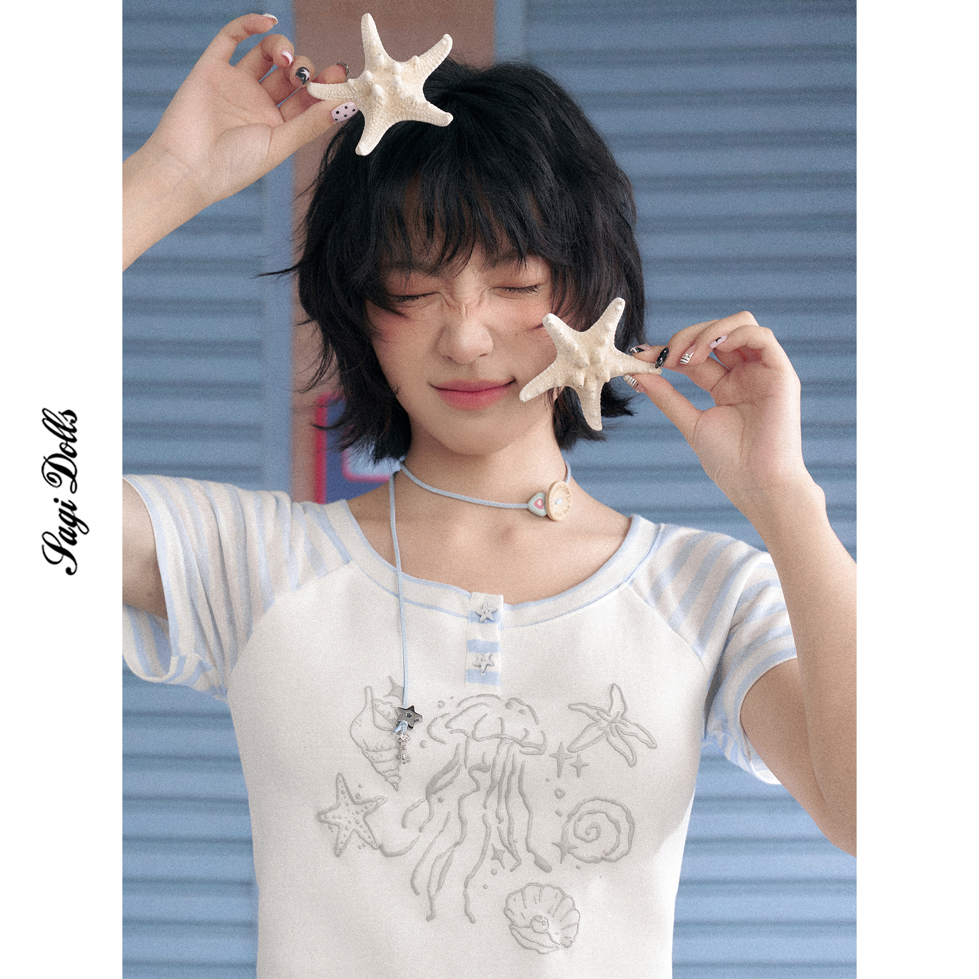 SagiDolls少女斗志*不败的夏天 蓝白条纹拼接插肩袖海洋风印花T恤